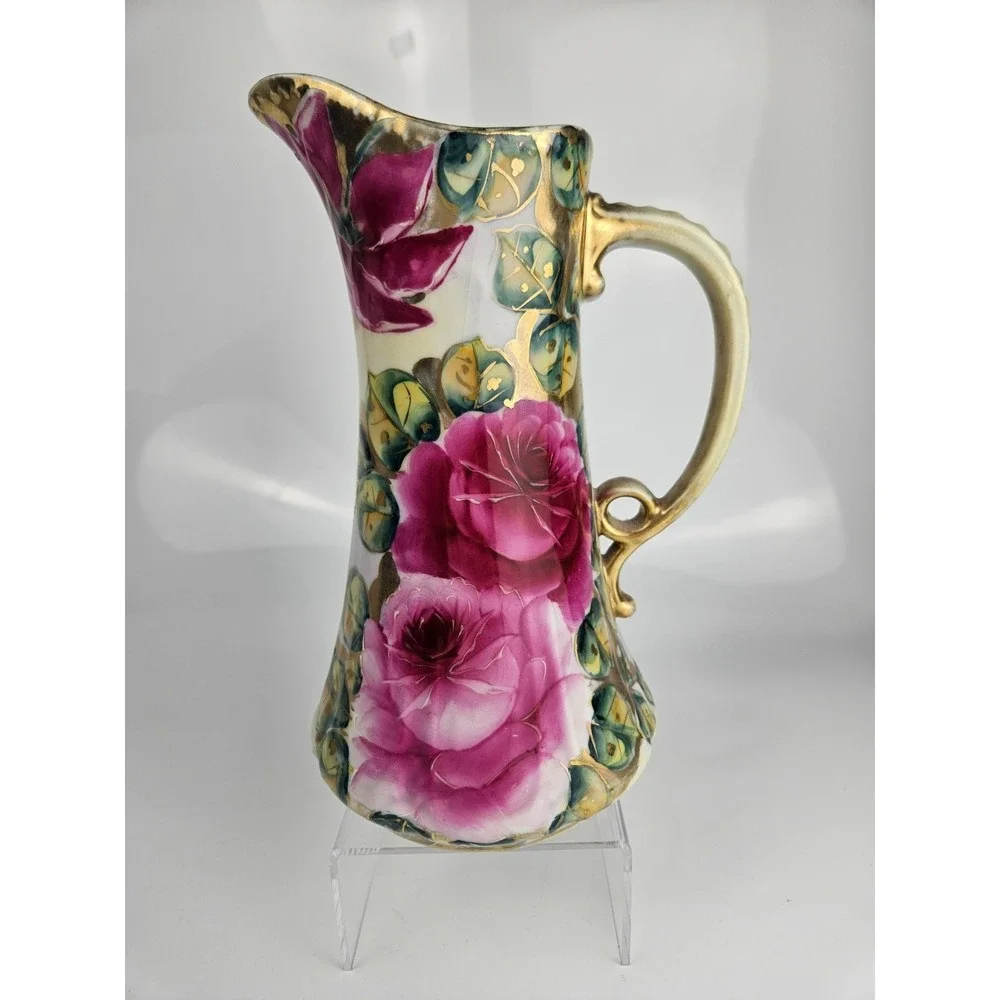 Vintage Hand Painted Rose‎ Porcelain Pitcher Gold Gilt Trim Wow!